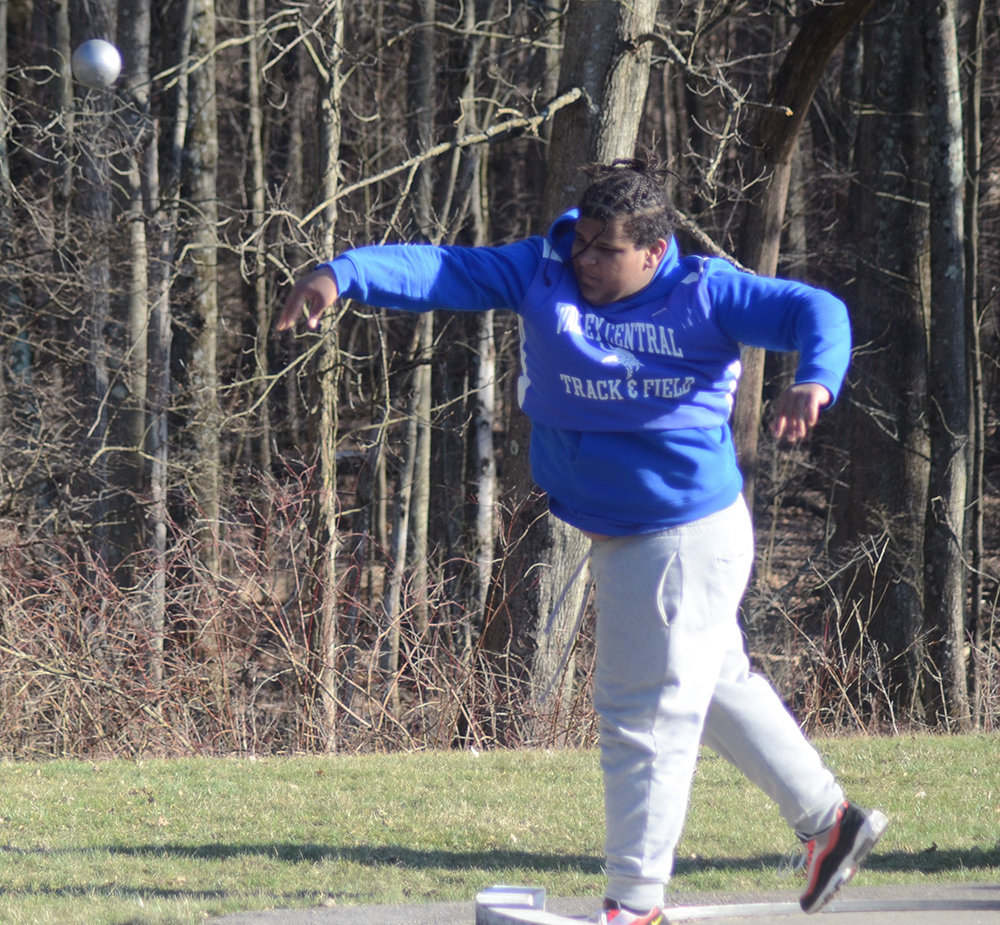 Valley Central’s Trafari Gordon throws the shot put at a March 29 non-league track and field meet at Valley Central High School in Montgomery.
